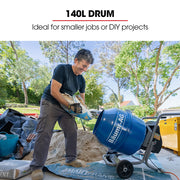 BAUMR-AG 140L Portable Cement Concrete Mixer with Pedestal Stand, 550W Electric Motor, 10 Inch Solid Rubber Wheels