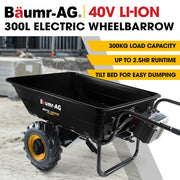 BAUMR-AG 40V Li-ion Powered 300KG / 300L Wheelbarrow, ATV Tow Bar, Deep V-tread Tyre, 2 Wheel Direct Drive