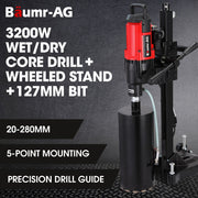 BAUMR-AG 3200W 280mm Wet Dry Core Drill Wheeled Stand & 127mm Bit Combo, for Concrete Coring Hole Drilling