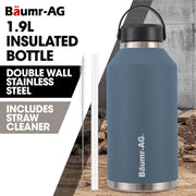 Baumr-AG 1.9L Double Wall Insulated Stainless Steel Water Bottle, Drink Jug with Handle, Straw Cleaner, Blue