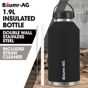 BAUMR-AG 1.9L Double Wall Insulated Stainless Steel Water Bottle, Drink Jug with Handle, Straw Cleaner Black