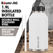 Baumr-AG 1.9L Double Wall Insulated Stainless Steel Water Bottle, Drink Jug with Handle, Straw Cleaner, White