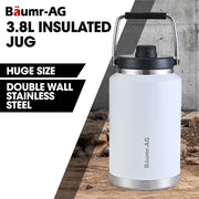 BAUMR-AG 3.8L Double Wall Insulated Stainless Steel Water Bottle, Drink Jug with Handle, White