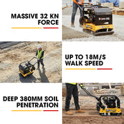 BAUMR-AG 125kg 450x630mm 7HP Plate Compactor, 32kN Vibratory Compaction, Wheel Kit, Protective Paver Pad, Commercial-Grade