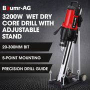 BAUMR-AG 3200W 300mm Wet/Dry Core Drill w/ Wheeled Rig Stand Combo, for Concrete Coring Hole Drilling