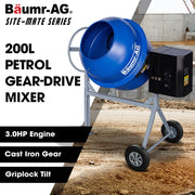 BAUMR-AG 200L Heavy-Duty Petrol Concrete Cement Mixer, 3hp 105cc Engine