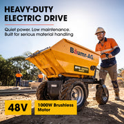 BAUMR-AG 48V Battery Powered Wheelbarrow, 200L Bucket, 1000W Brushless Electric Motor, 280kg Capacity, 8hr Max Runtime