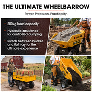 BAUMR-AG 48V Battery Powered Wheelbarrow, Hydraulic 200L Bucket and Flat Bed Tray, 1000W Brushless Electric Motor, 500kg Capacity