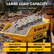 BAUMR-AG 48V Battery Powered Wheelbarrow, Hydraulic 200L Bucket, 1000W Brushless Electric Motor, 500kg Capacity