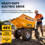 BAUMR-AG 48V Battery Powered Wheelbarrow, Hydraulic 200L Bucket and Flat Bed Tray, 1000W Brushless Electric Motor, 500kg Capacity