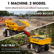 BAUMR-AG 48V Battery Powered Wheelbarrow, Hydraulic 200L Bucket and Flat Bed Tray, 1000W Brushless Electric Motor, 500kg Capacity