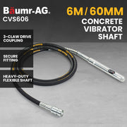 BAUMR-AG CVS606 6 Metre x 60mm Concrete Vibrating Shaft, Australian Standard 3-Claw Drive Coupler