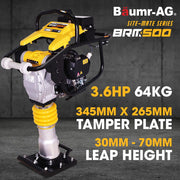 BAUMR-AG BRM-500 64KG Petrol Tamper Rammer Vibratory Plate Compactor, Lightweight, for Soil Sand Gravel Asphalt