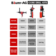BAUMR-AG 2000W 160mm Handheld Core Drill w/Stand,63mm & 127mm Drill Bit Combo, for Concrete Coring Hole Drilling