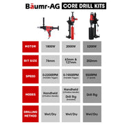 PRE-ORDER BAUMR-AG 3200W 280mm Vertical Stand Core Drill & 202mm Drill Bit Combo, for Demolition Concrete Coring Hole Drilling