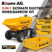 BAUMR-AG 48V Battery Powered Wheelbarrow, Hydraulic 200L Bucket and Flat Bed Tray, 1000W Brushless Electric Motor, 500kg Capacity