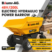 BAUMR-AG 48V Battery Powered Wheelbarrow, Hydraulic 200L Bucket, 1000W Brushless Electric Motor, 500kg Capacity