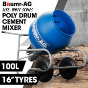 BAUMR-AG 100L Cement Concrete Mixer, Easy Clean, Ultra-Light, Rust-proof, Impact-Resistant Poly Drum, 16 Inch Tyres