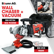 BAUMR-AG 2000W 125mm Wall Chaser and 900W Vacuum Dust Collector Combo, with 4 Diamond Blades