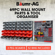 BAUMR-AG 69pc Wall Mounted Parts Bin Rack with Tool Holders - Red