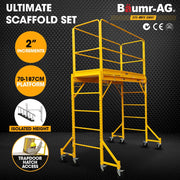Baumr-AG 1.9 x 0.8 x 1.8m Adjustable Mobile Scaffold Platform, Guard Rail, Outrigger Wheel Set, Trapdoor Hatch