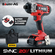 BAUMR-AG 20V SYNC Cordless Lithium Impact Driver Kit, with Battery, Charger, Carry Bag