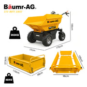 BAUMR-AG 48V Battery Powered Wheelbarrow, Hydraulic 200L Bucket and Flat Bed Tray, 1000W Brushless Electric Motor, 500kg Capacity